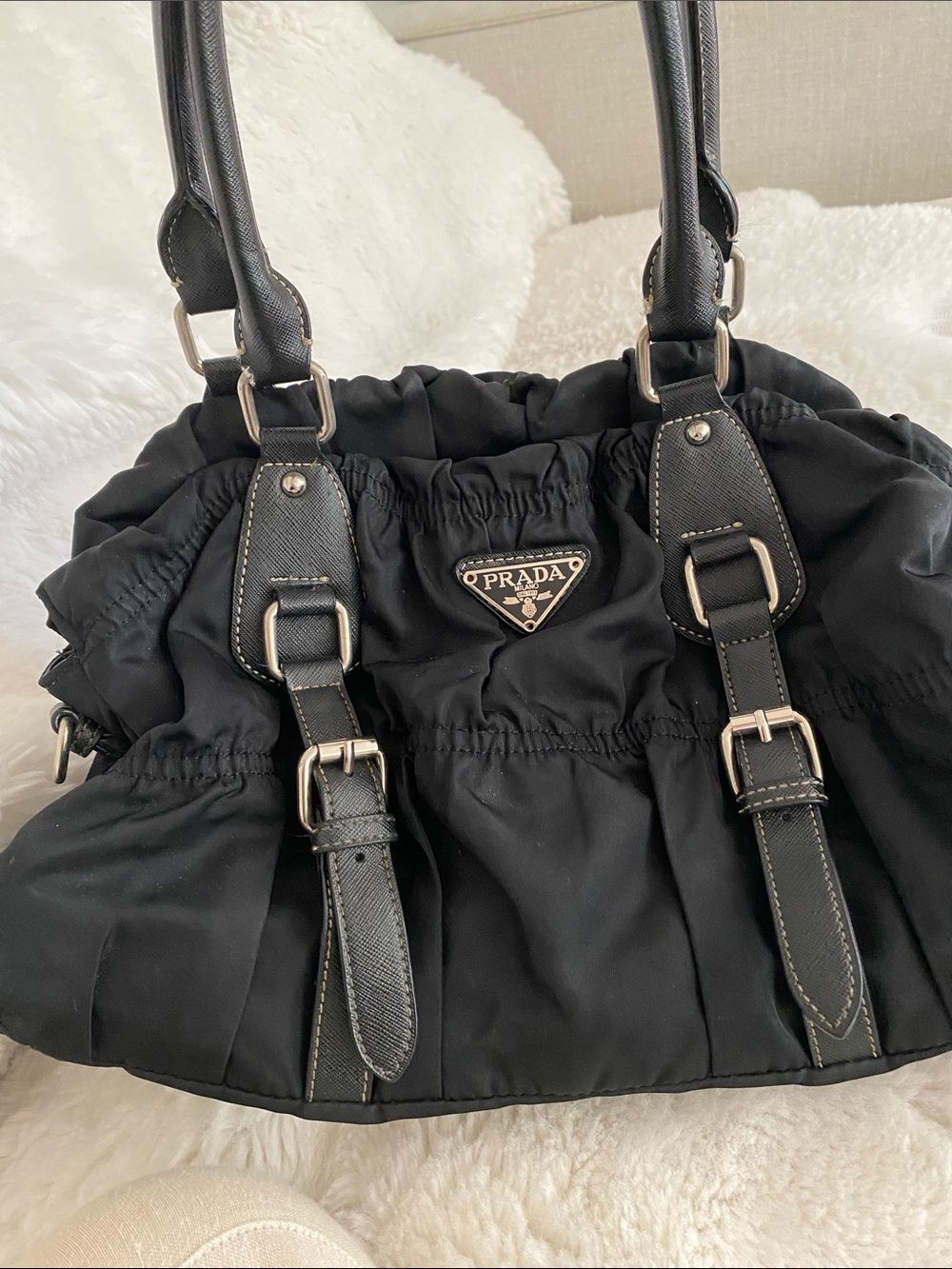 Prada Tessulon Gaufre Ruched Nylon Hobo Bag
